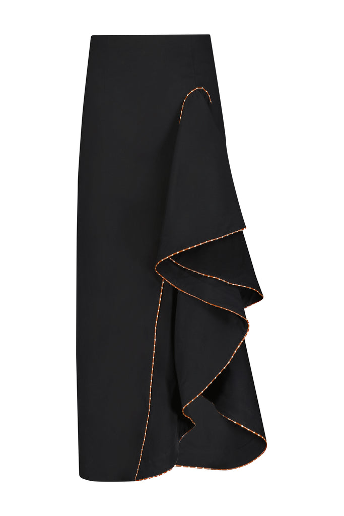 Cotton Poplin Ruffle Detail Pencil Skirt in Black