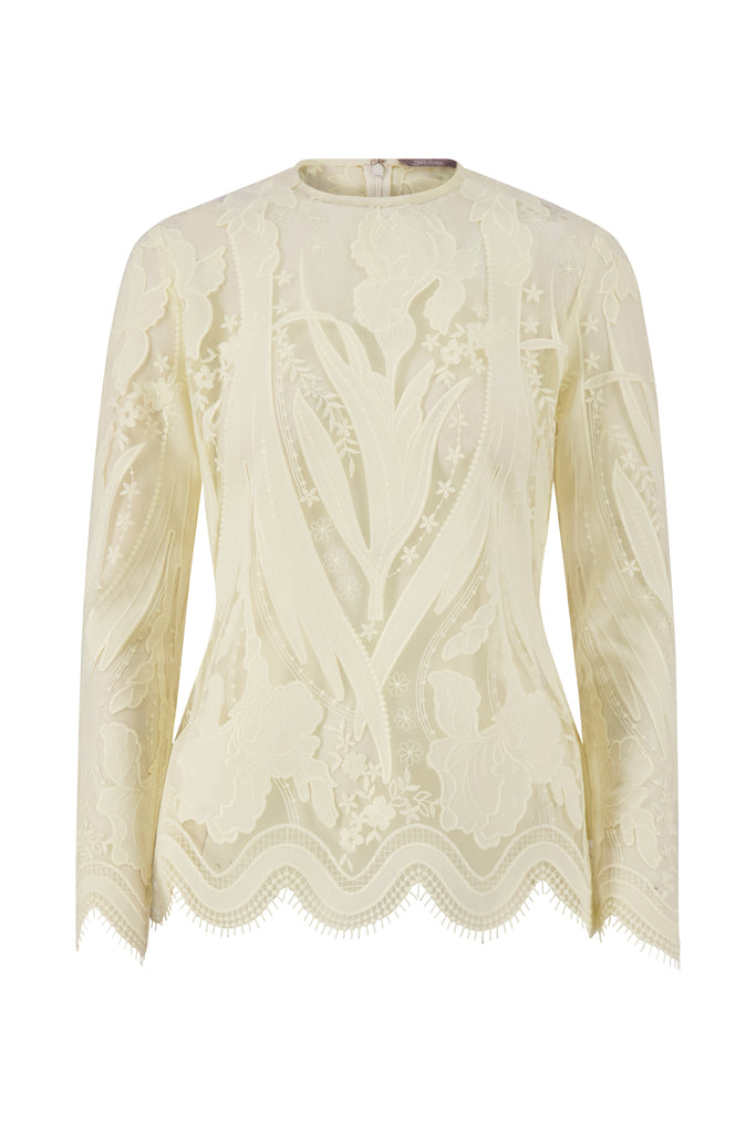 Floral Embroidered Tulle Long Sleeve Peplum Top in Cream