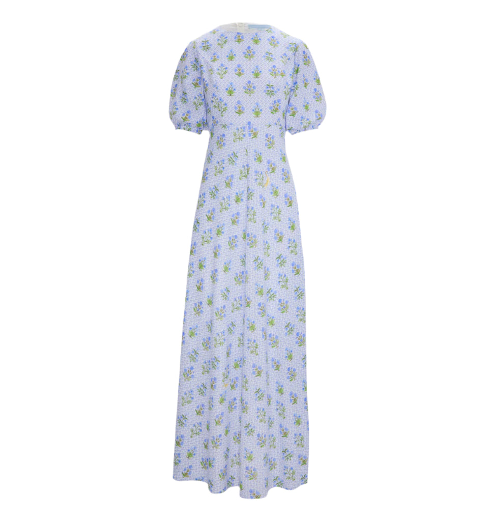 The Short Sleeve Nadia Dress in Blue Block Print