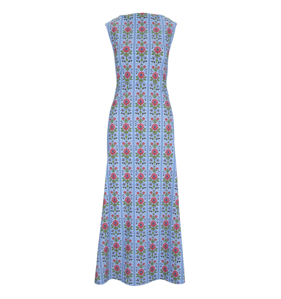 The Sloane Dress in Blue Floral Block Stripe Jersey