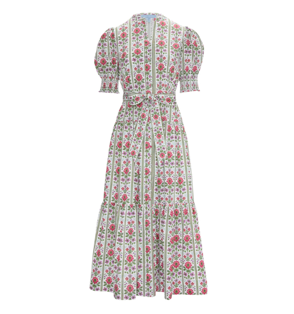The Yara Dress in Green Floral Block Stripe