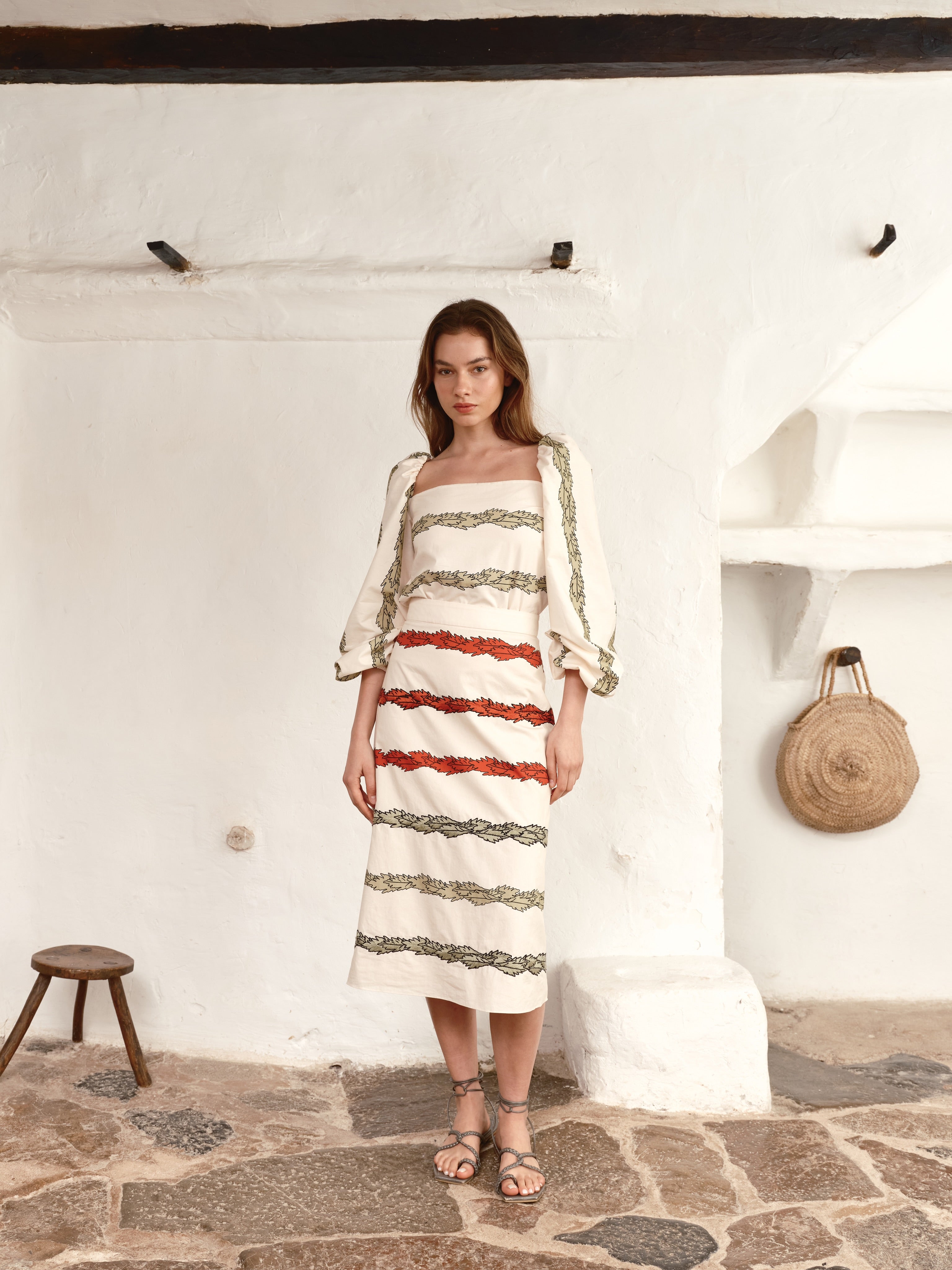 El Carmen Embroidered Cotton Midi Skirt in Ivory Striped Helechos