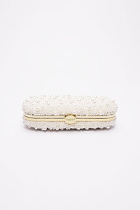 Bella Rosa Collection's True Love Pearl Petite clutch bag with a gold clasp against a plain background.