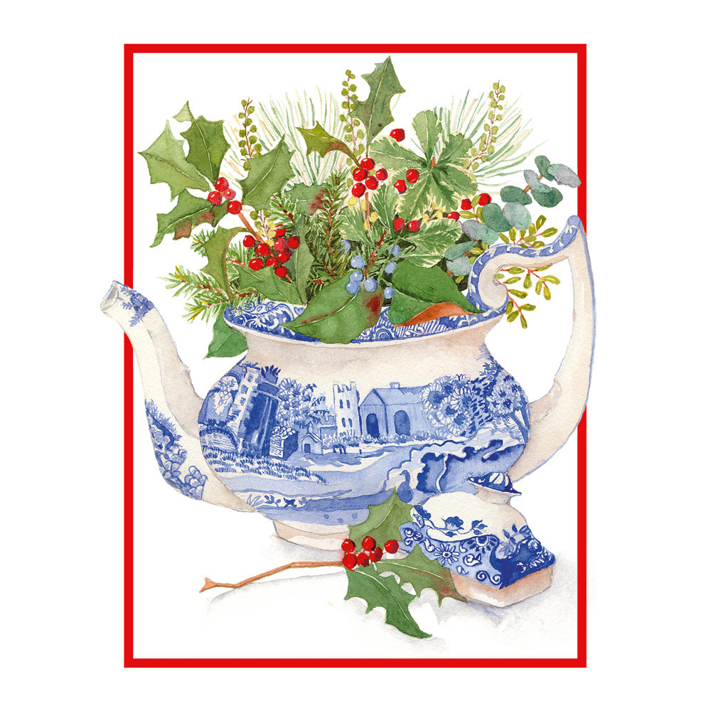 Blue And White Teapot With Holly Boxed Christmas Cards, Set of 16