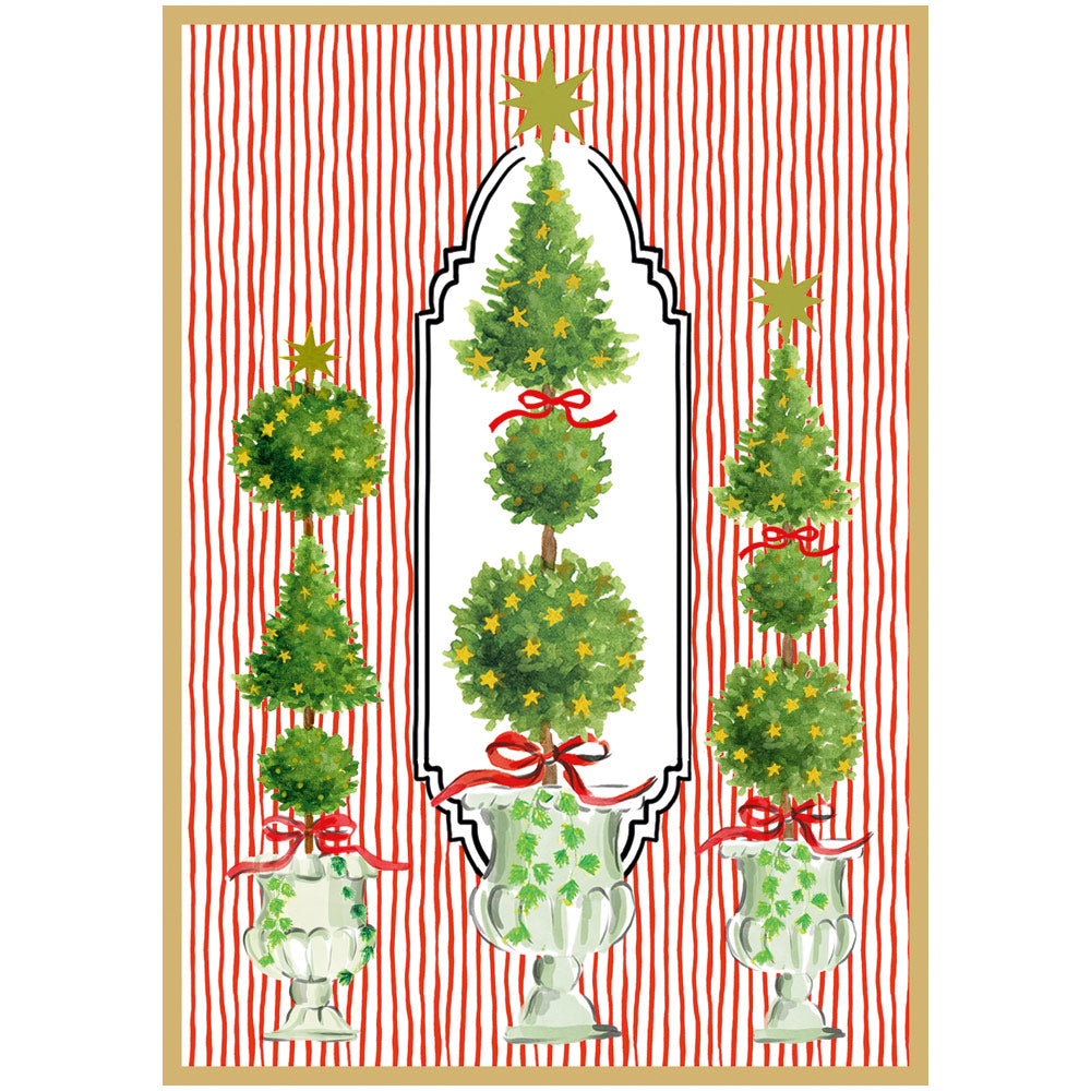 Topiaries With Red Ribbons Boxed Christmas Cards, Set of 16