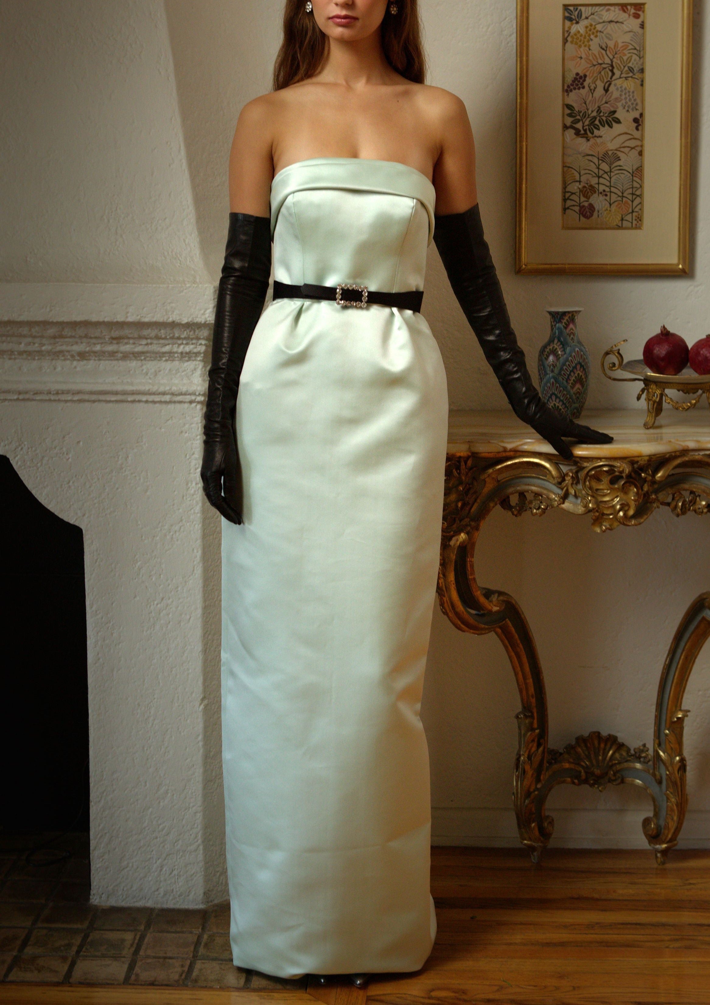 Strapless Slim Waisted Gown in Mint Double Faced Satin