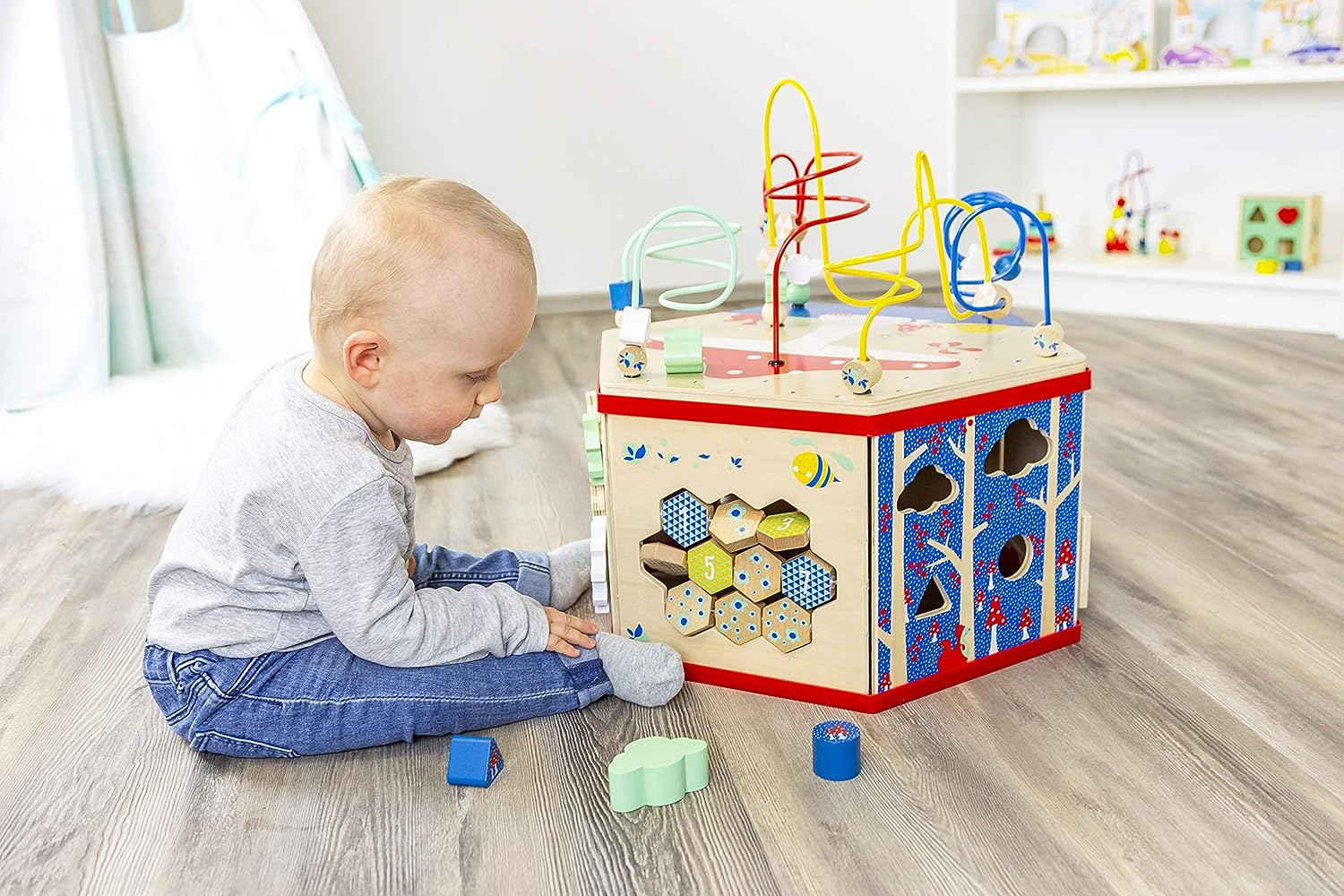 Wooden Activity Cube XL Nature Mushroom Theme Classic 7-Sided Interactive Toy