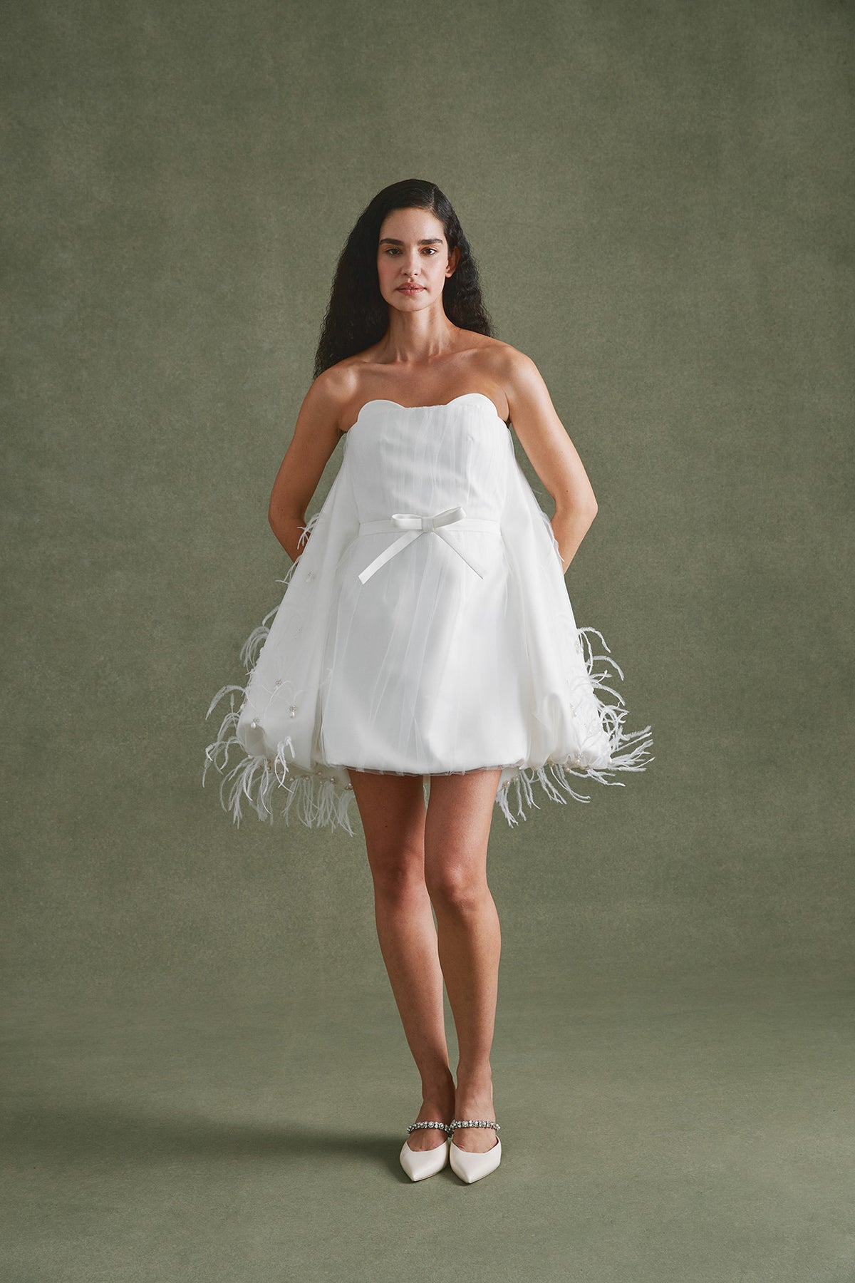 Cloud Dress in Ivory Satin with Feather Embellishment