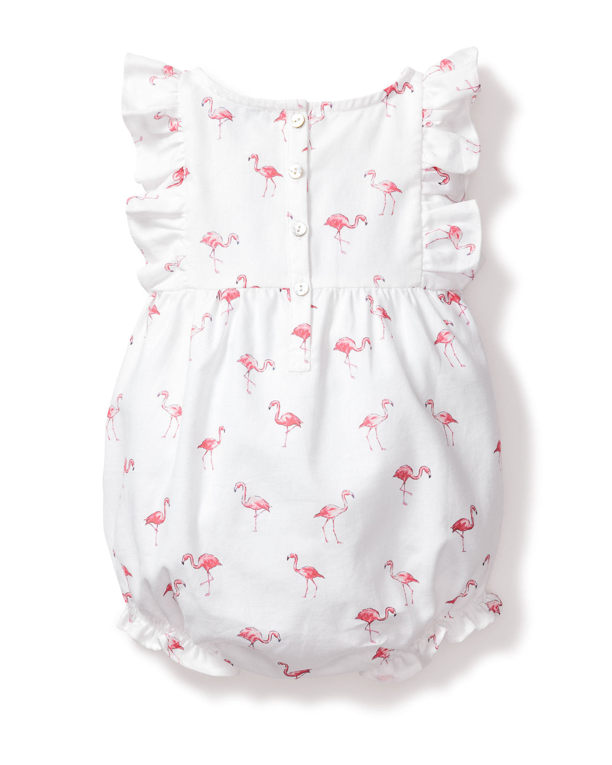 Baby’s Twill Ruffled Romper in Flamingos