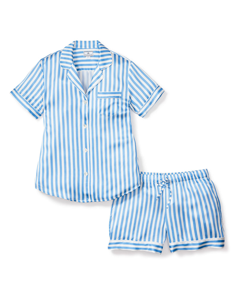 Women’s Silk Pajama Short Set in Azure Stripe