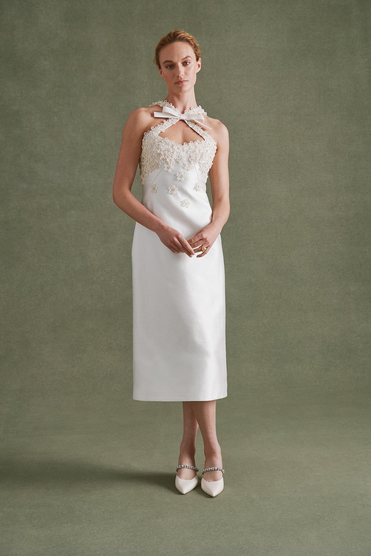 Delphine Dress in Ivory Silk Wool with Floral Appliqué