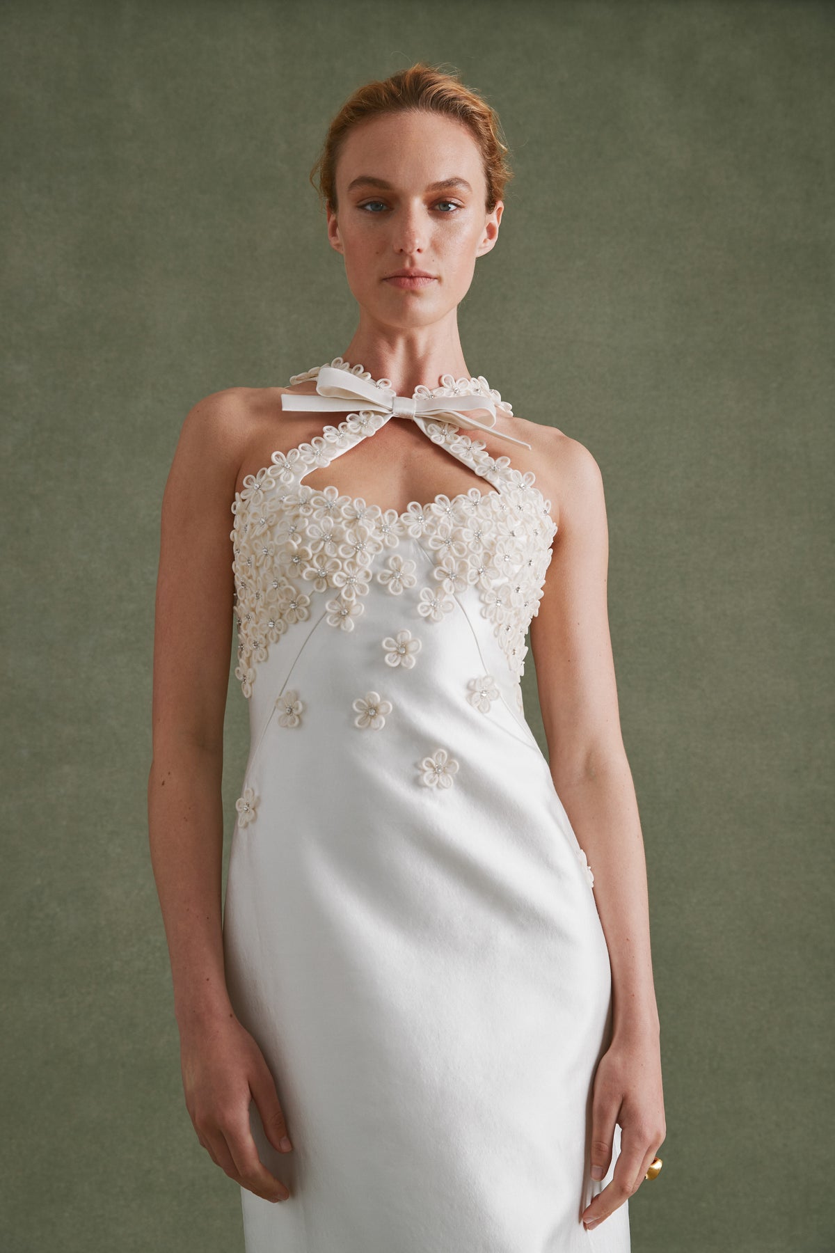 Delphine Dress in Ivory Silk Wool with Floral Appliqué