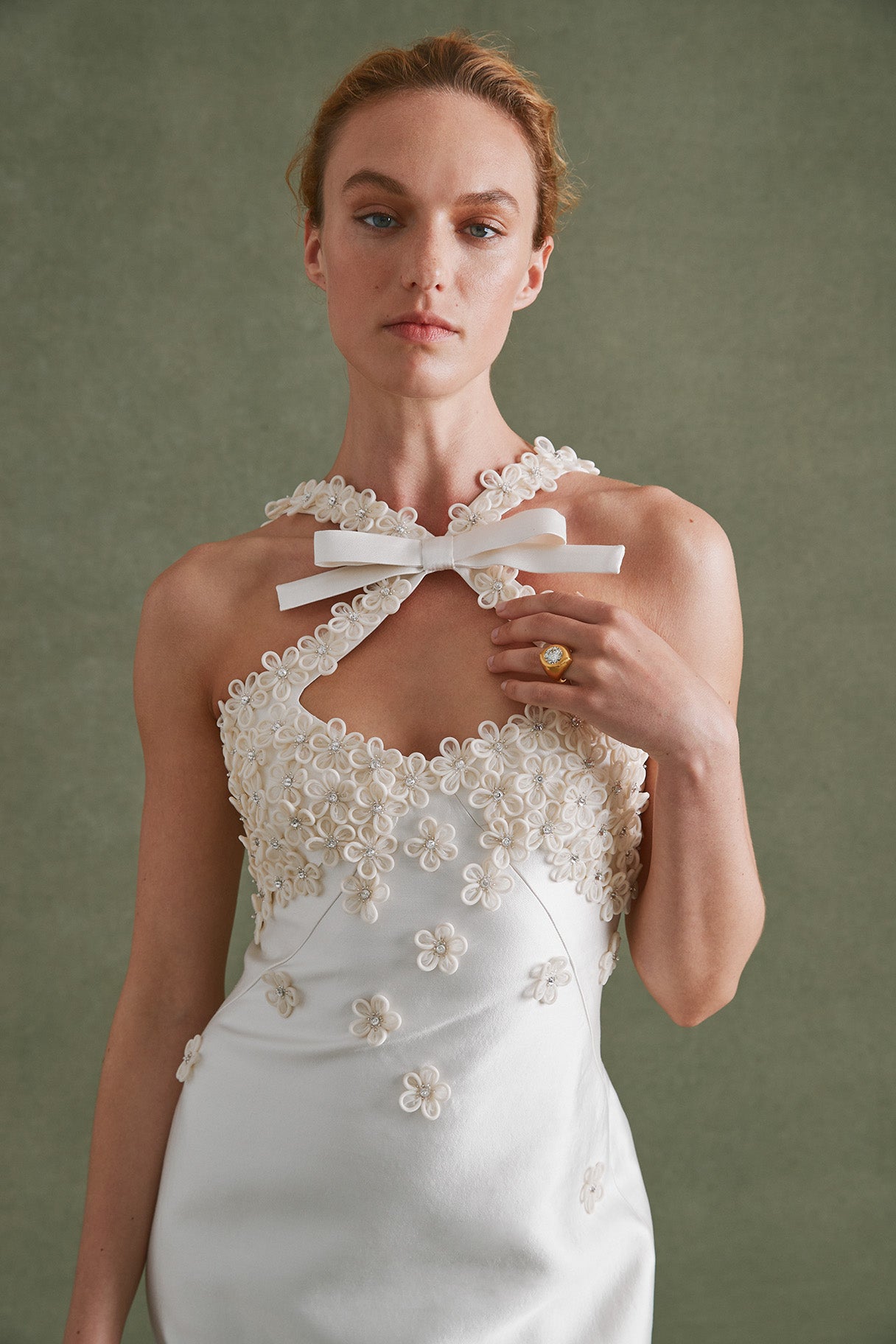 Delphine Dress in Ivory Silk Wool with Floral Appliqué