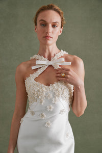 Delphine Dress in Ivory Silk Wool with Floral Appliqué