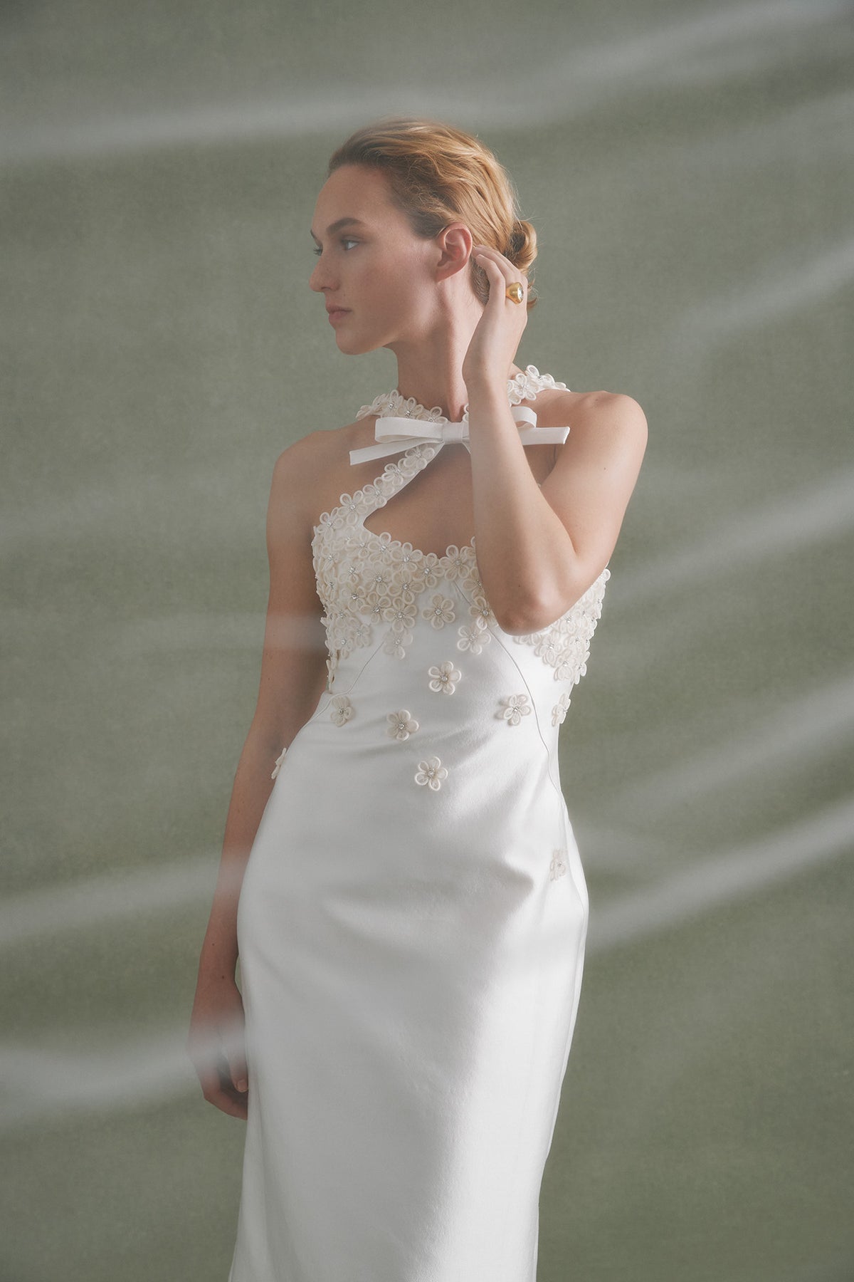 Delphine Dress in Ivory Silk Wool with Floral Appliqué