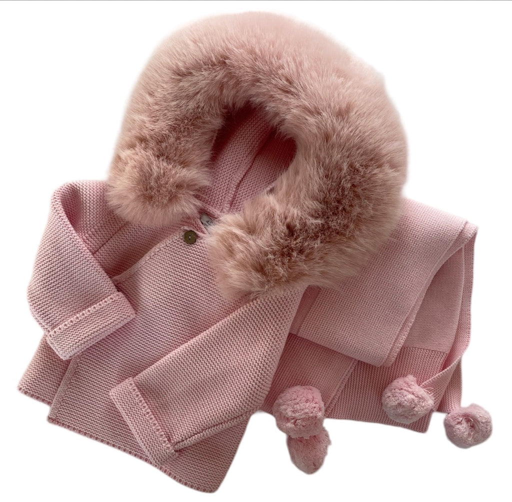 Knit Jacket with Removable Fur Hood in Pink