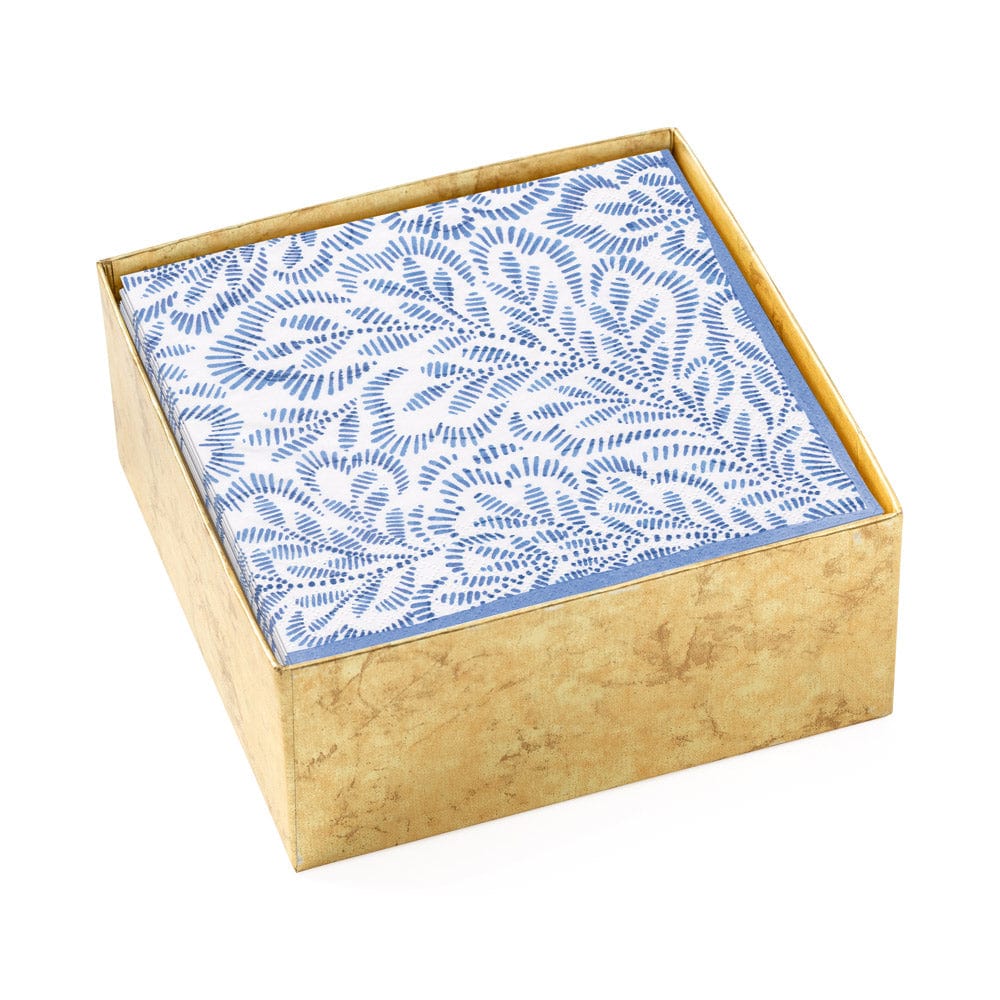 Block Print Leaves Boxed Paper Cocktail Napkins in Blue, Set of 40