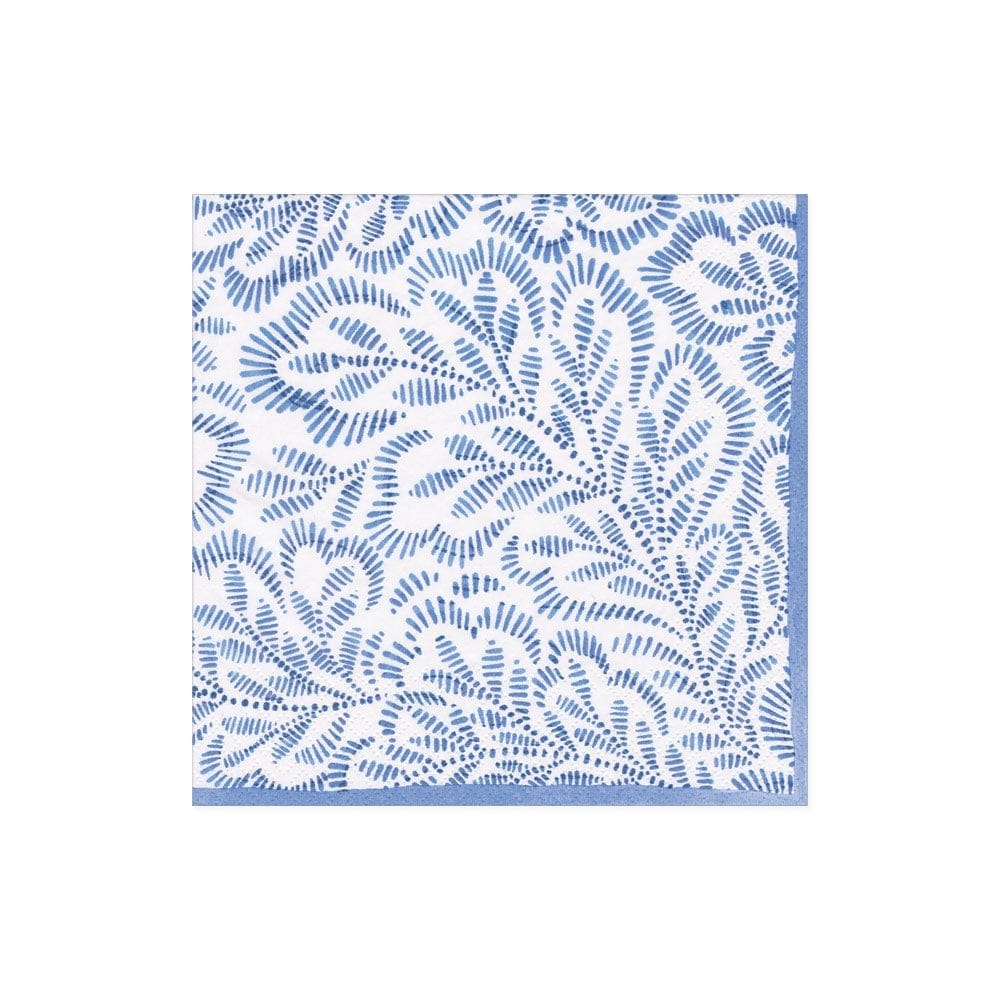 Block Print Leaves Paper Cocktail Napkins in Blue, Set of 20