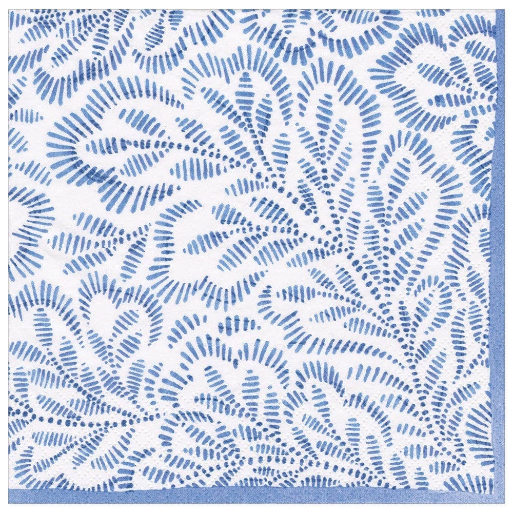 Block Print Leaves Paper Dinner Napkins in Blue, Set of 20