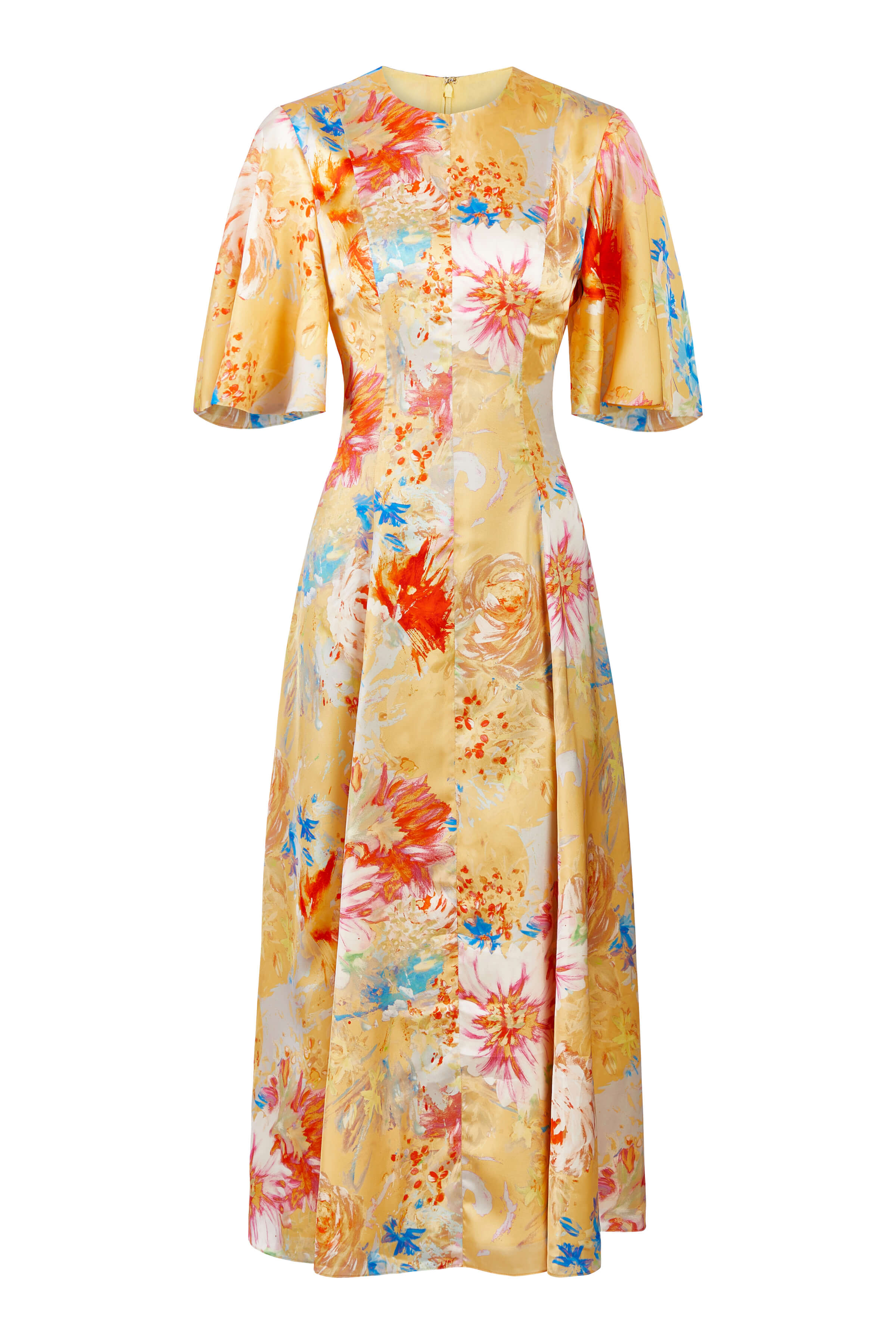 Sarah Yellow Printed Satin Midi Dress