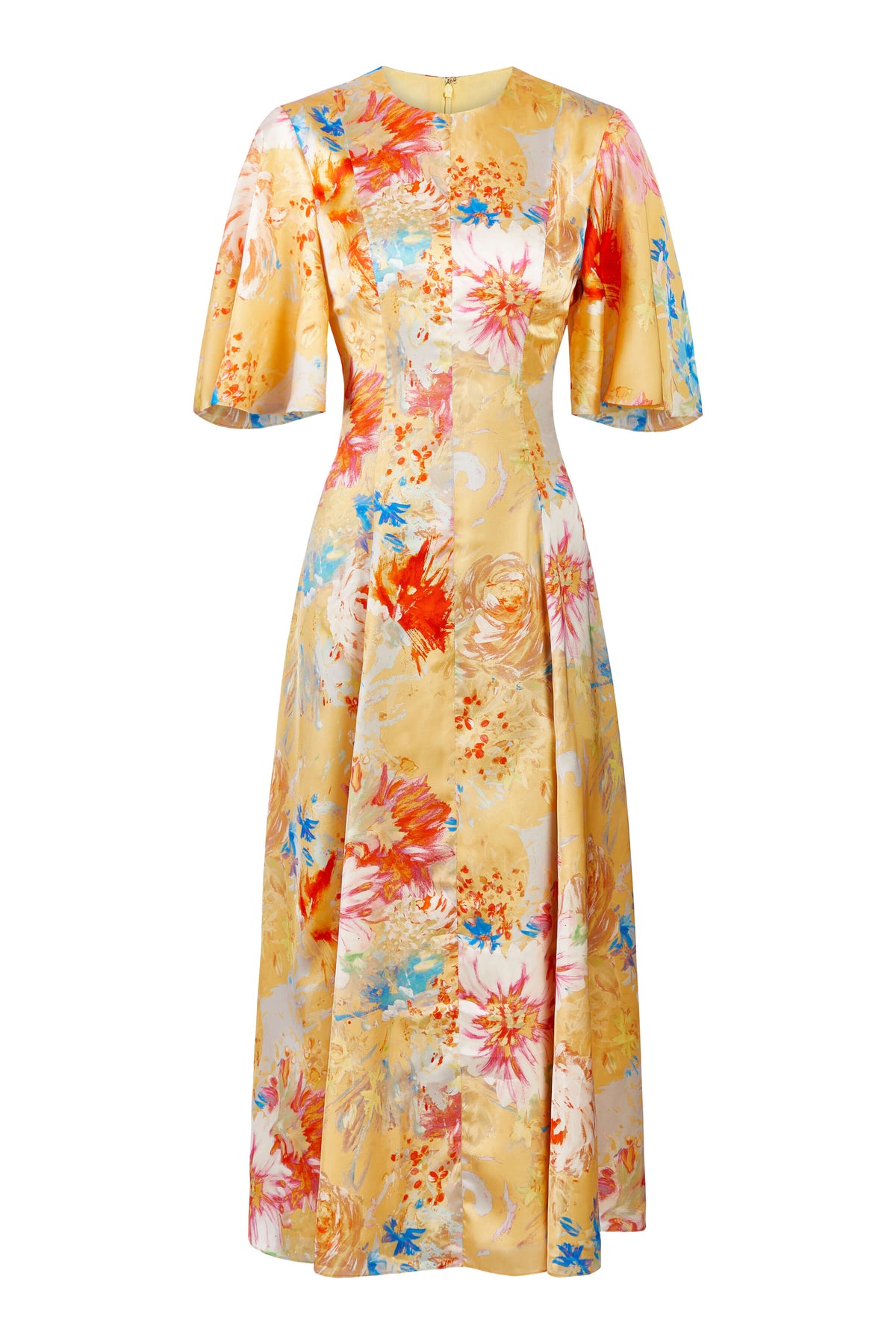 Sarah Yellow Printed Satin Midi Dress