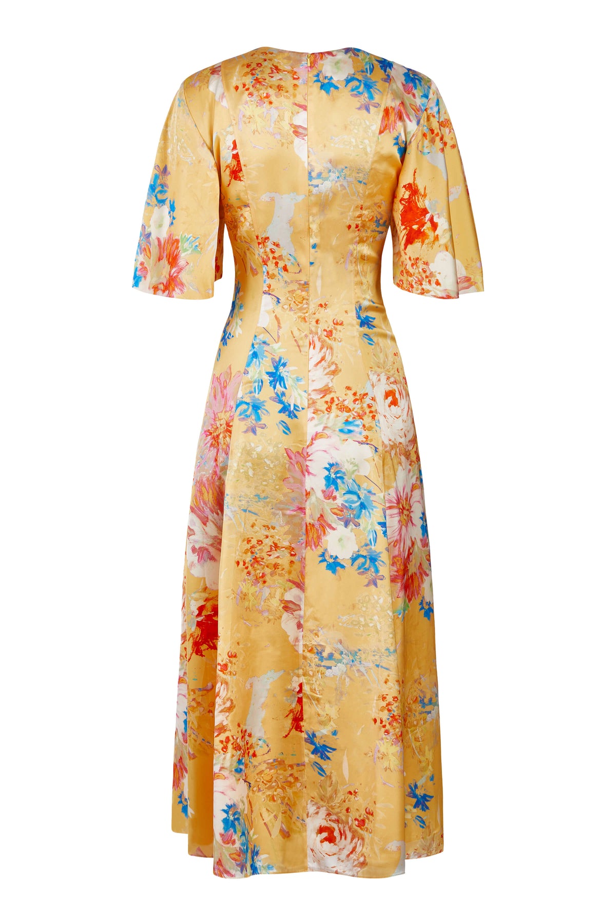 Sarah Yellow Printed Satin Midi Dress