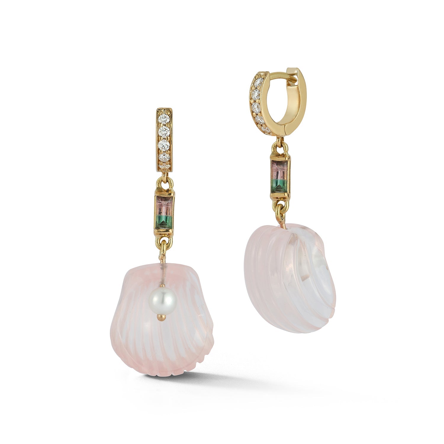 Dream Shell Huggies in Rose Quartz and Watermelon Tourmaline