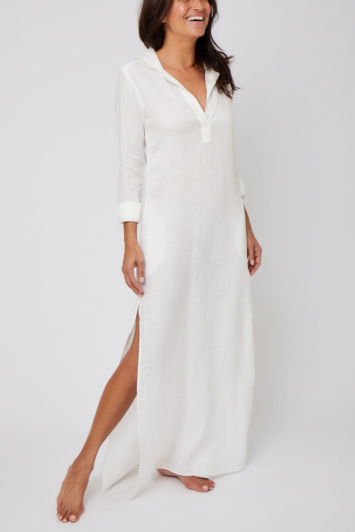 Long Linen Shirt Dress in Cream