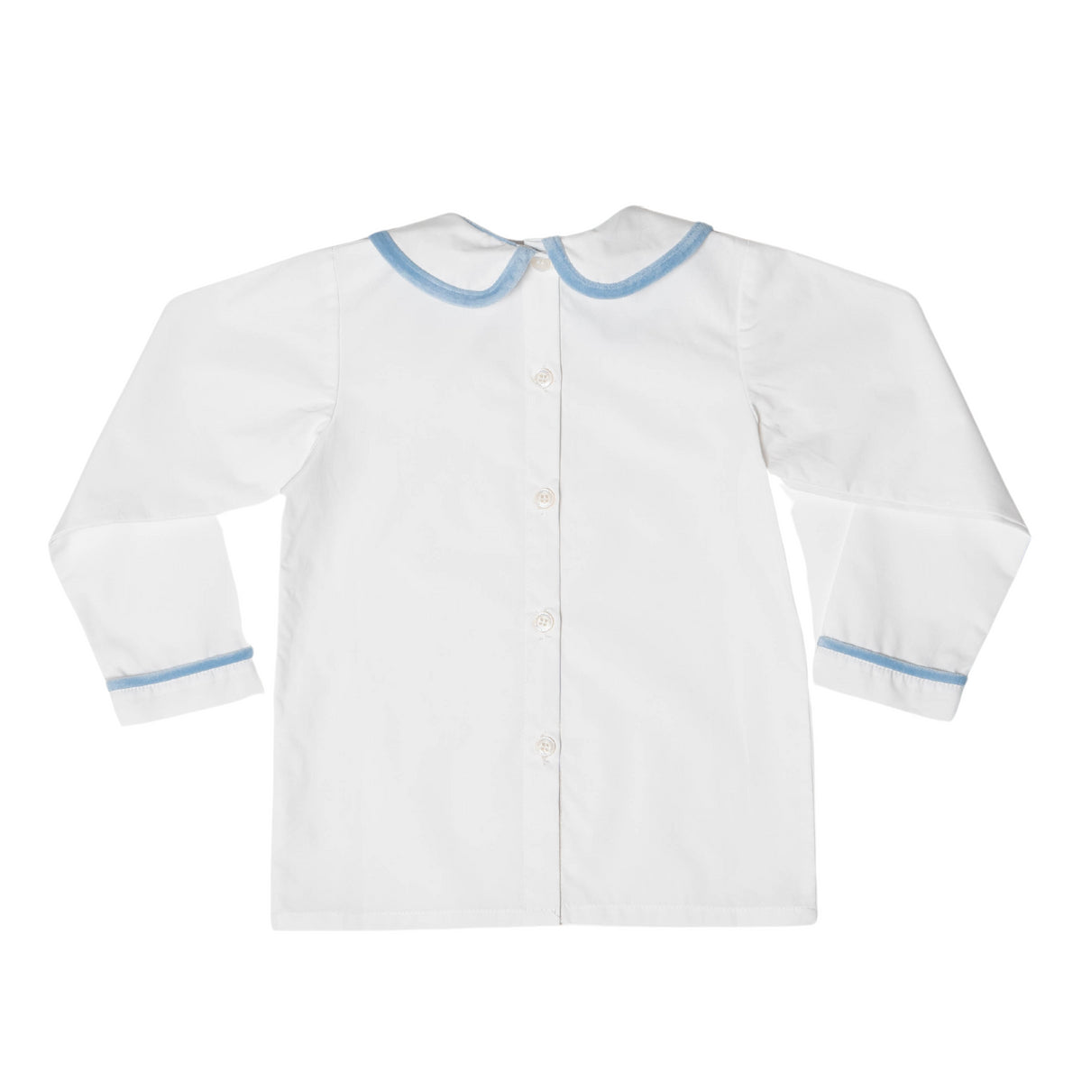 Long Sleeve Henry Peter Pan in White with Bay Tree Blue Velvet Trim