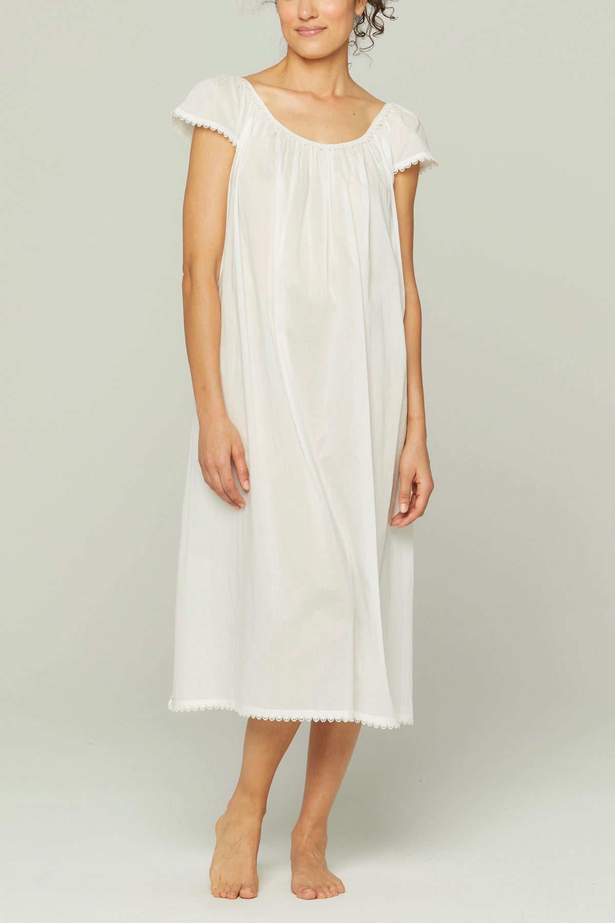 Long Cotton Nightgown with Flower Trim in White