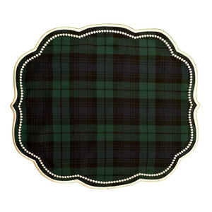 Black Watch Plaid luxury placemat with white silk embroidery.