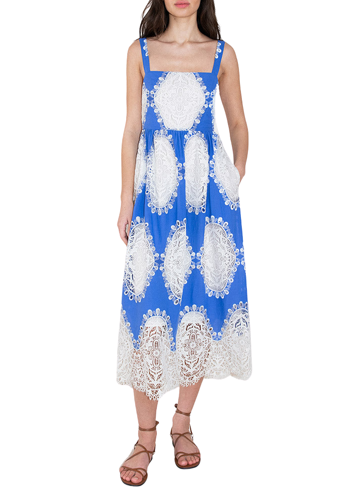 Ninet Lace Midi Dress in Blue/White