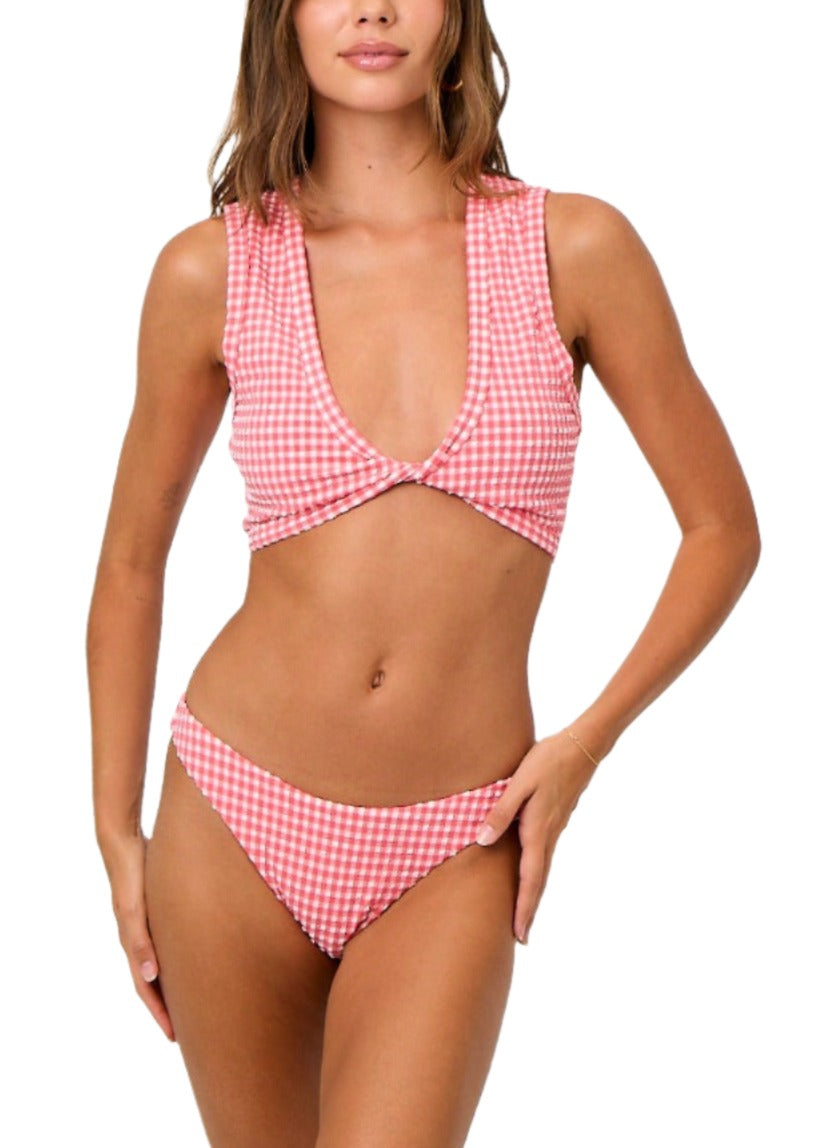 Danielle Twist Plunge Top in Strawberry Gingham