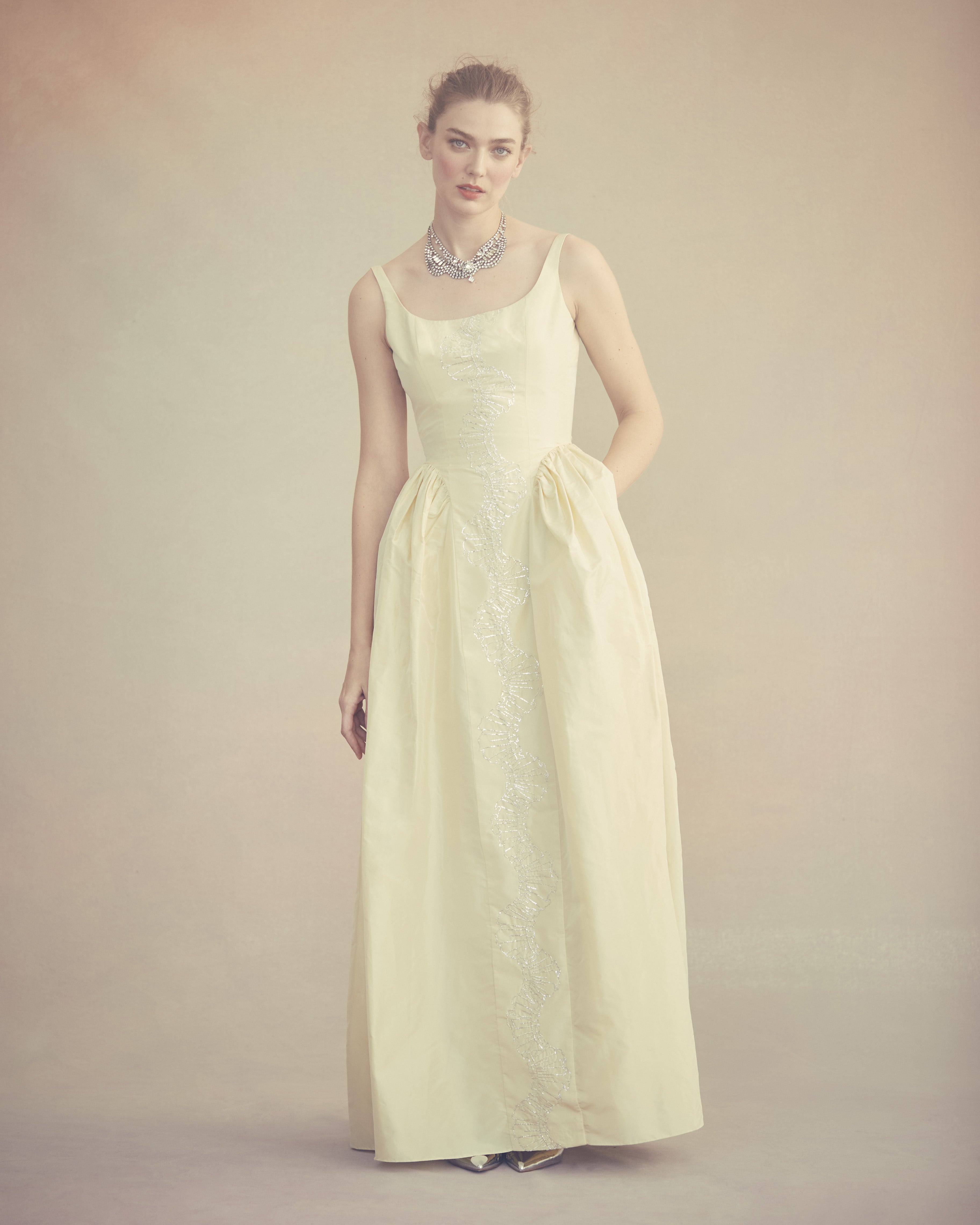 Antoinette Dress in Butter Yellow Taffeta with Ribbon Embroidery