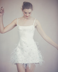 OTM Exclusive: Stella Dress in Ivory Silk Wool with Ostrich Feathers