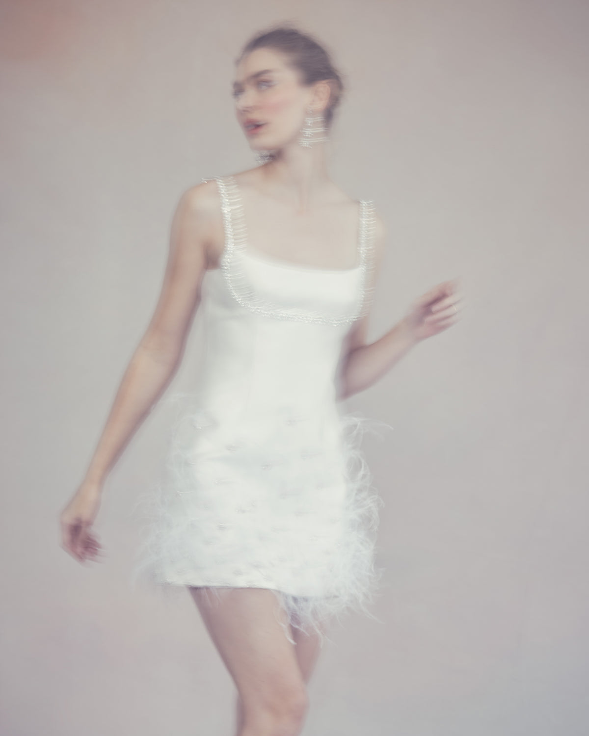 OTM Exclusive: Stella Dress in Ivory Silk Wool with Ostrich Feathers