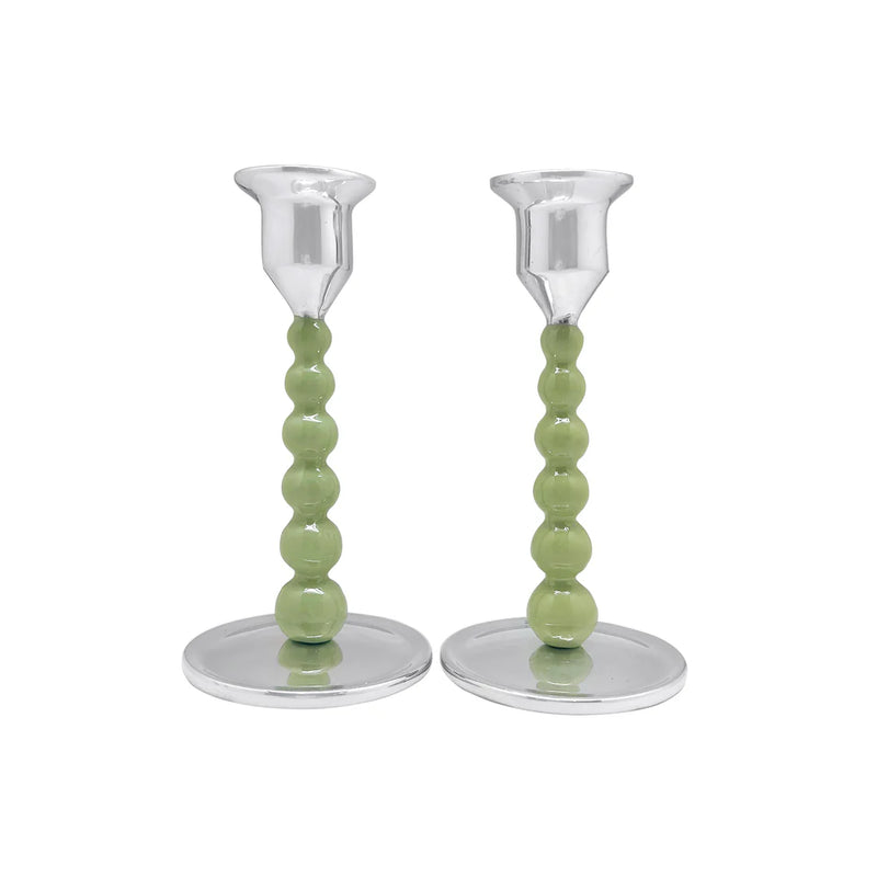 Green Pearled Candlestick Set