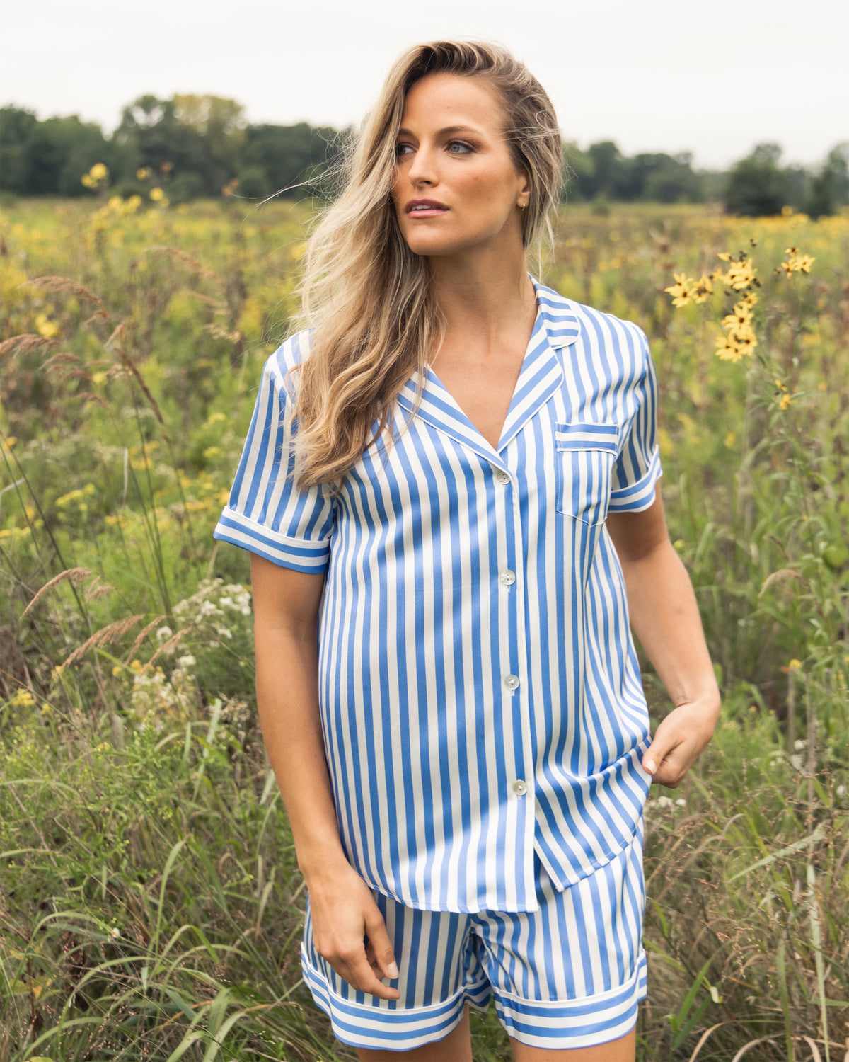 Women’s Silk Pajama Short Set in Azure Stripe