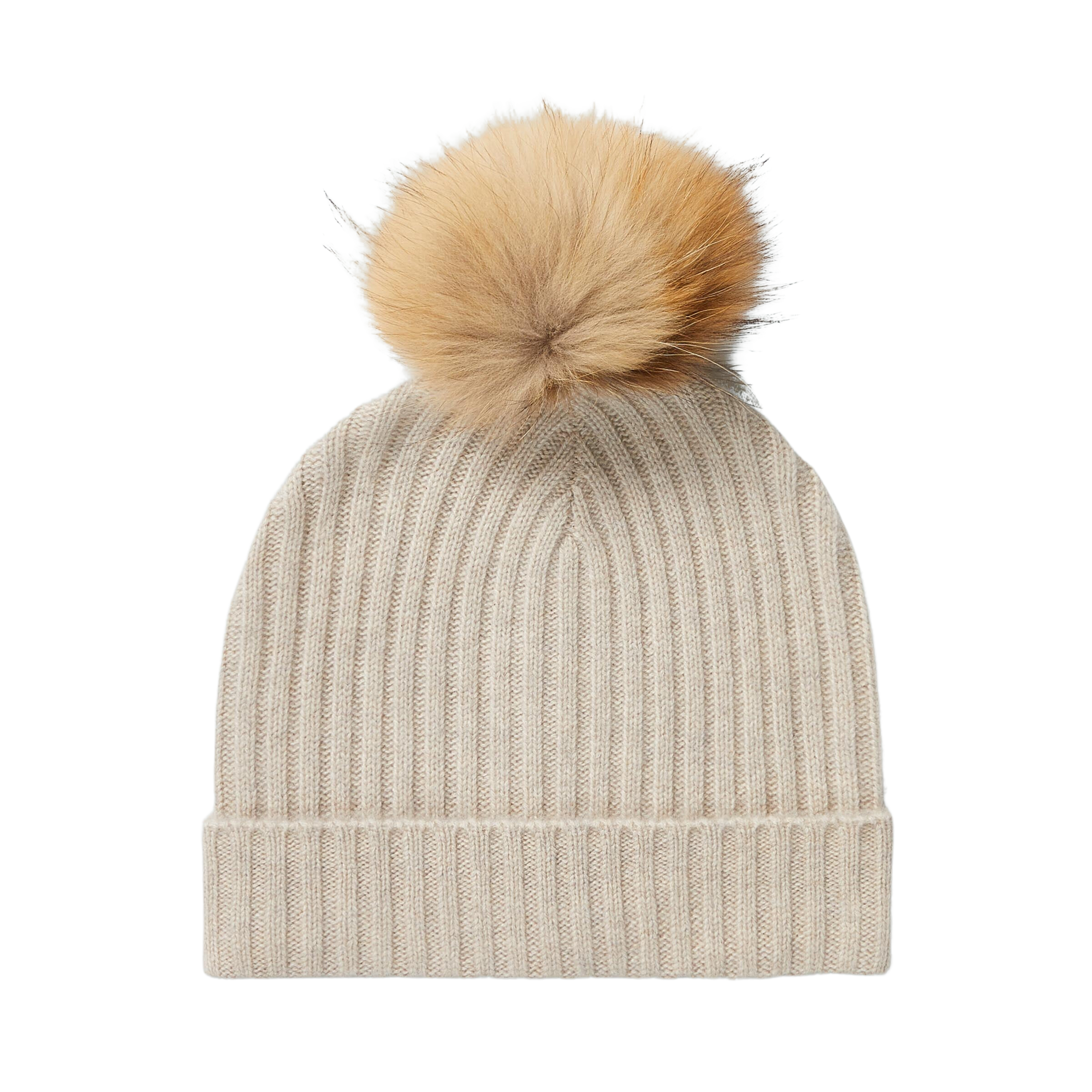 Basic Beige Striped Cashmere Pom Beanie