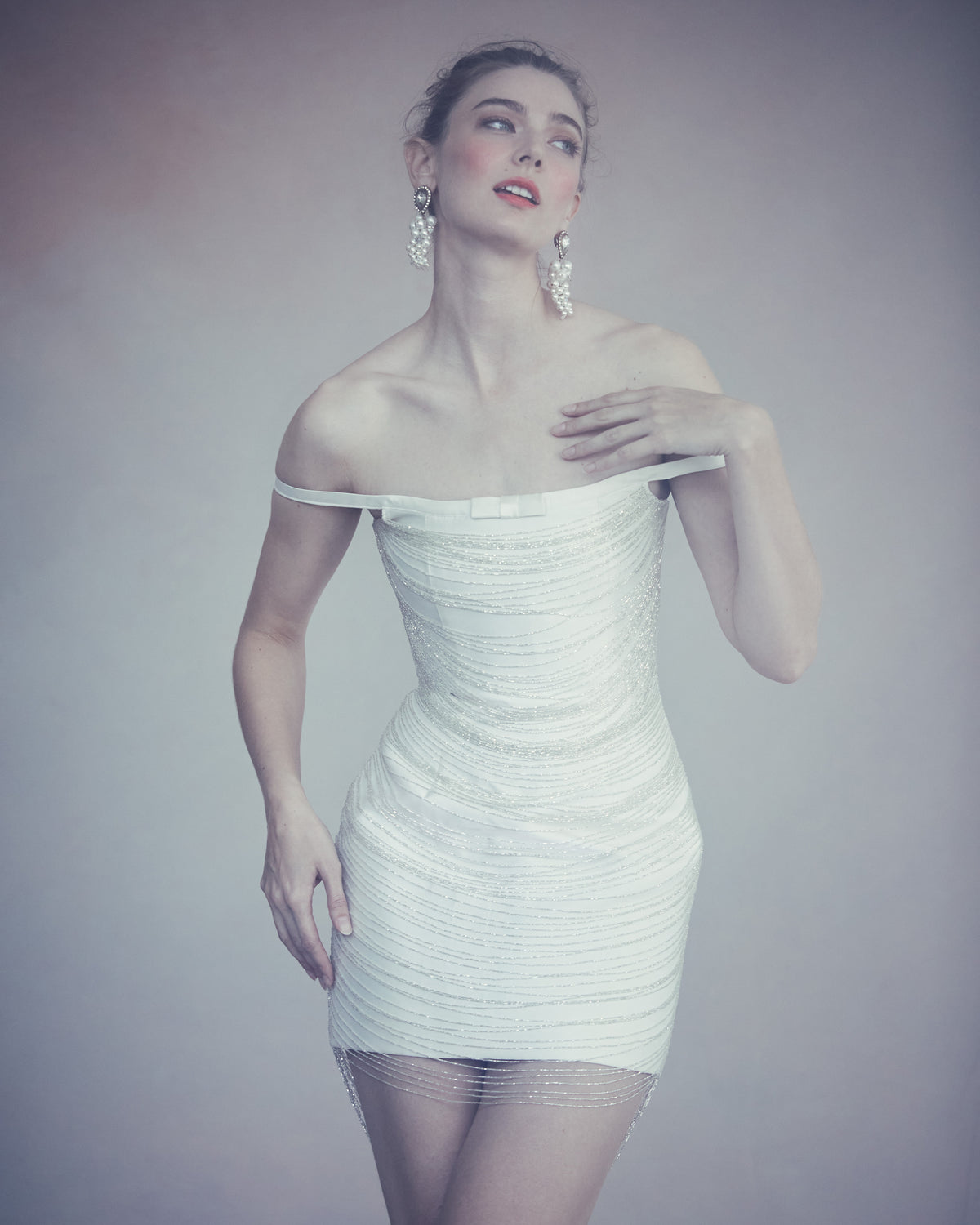 Cosette Dress in Ivory Silk Wool with Beaded Fringe