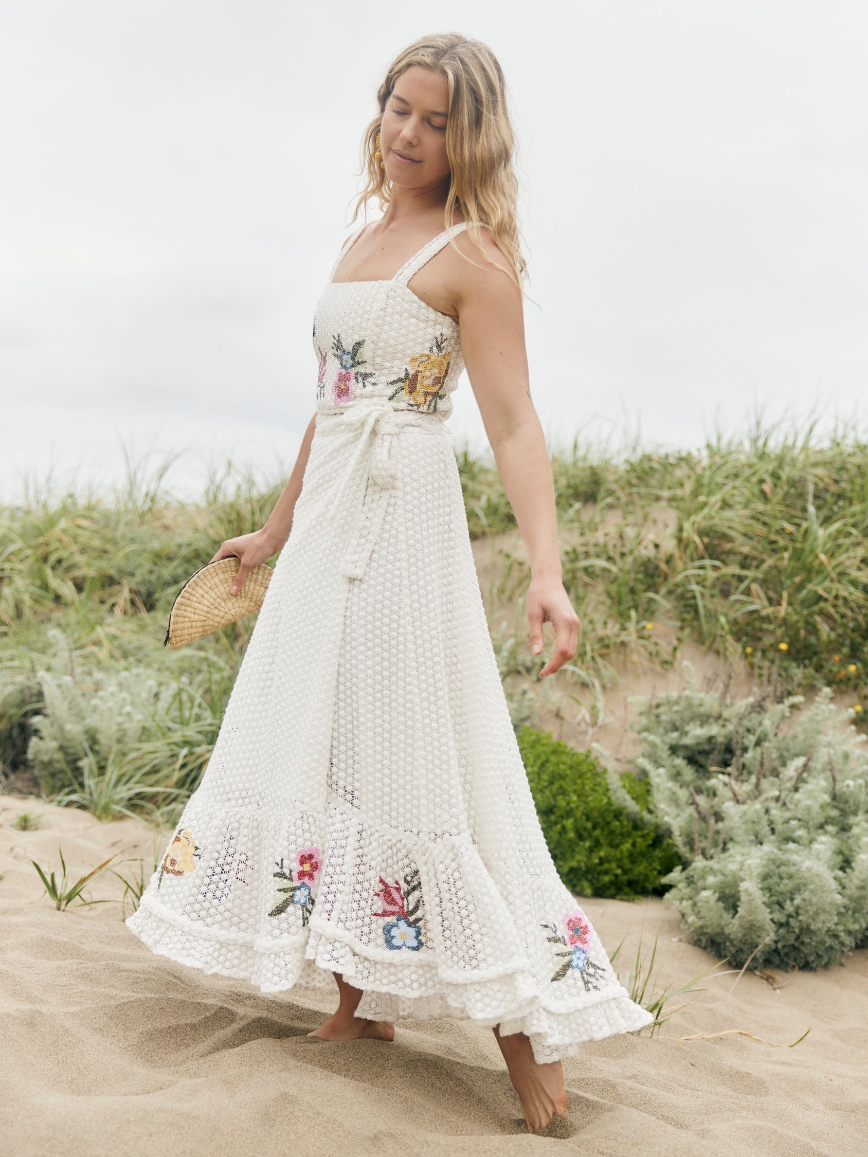 Charlotte Skirt in Cream Crochet/Multicolor Floral Embroidery