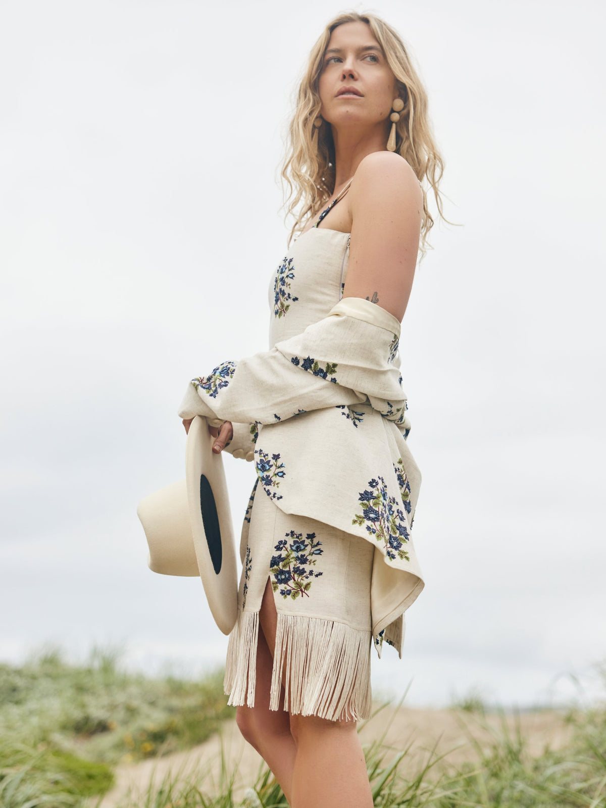 Avery Mini Dress in Oatmeal Bluesy Beaded Floral