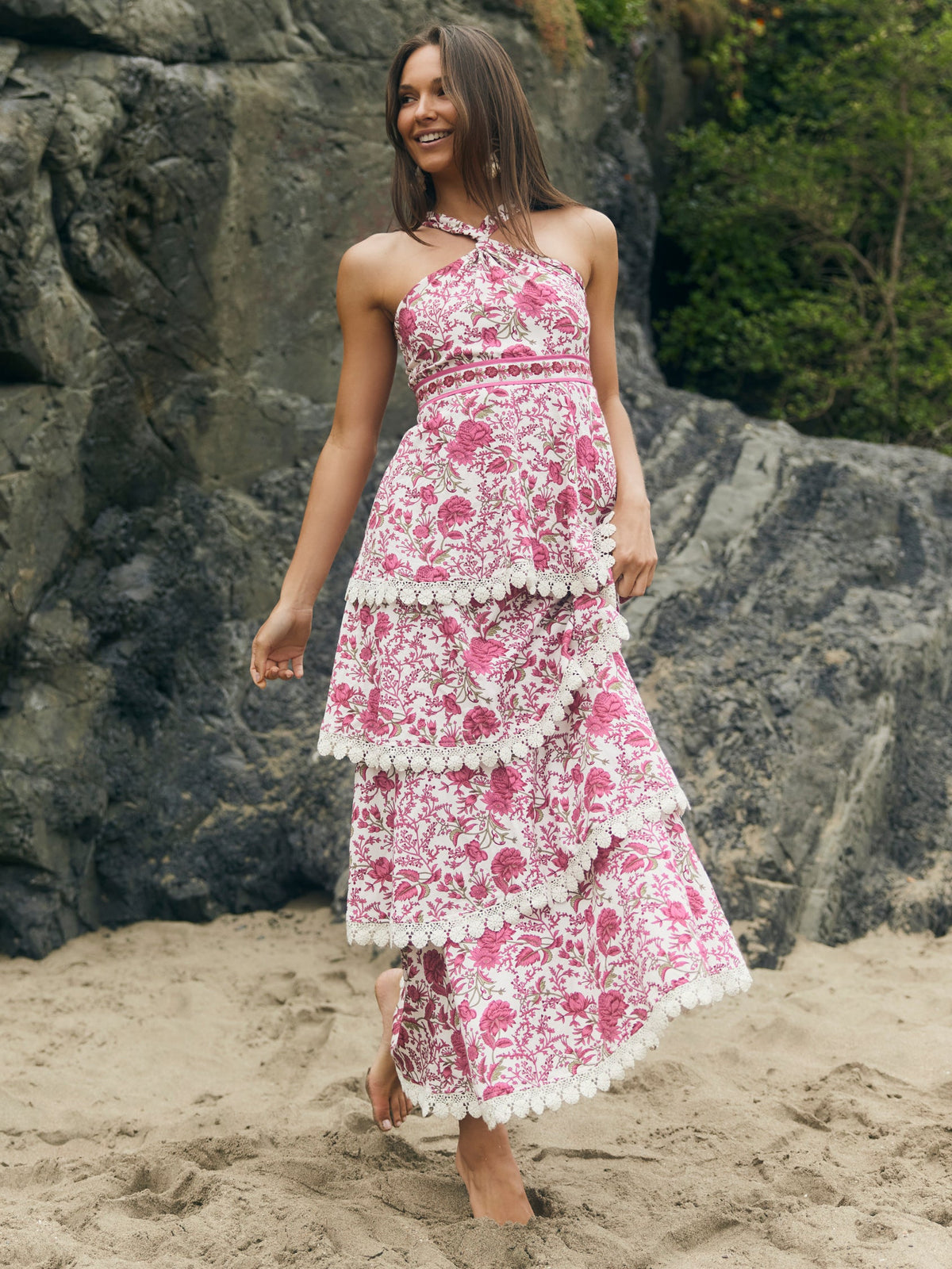 Emma Tiered Dress in Carmine Rose Floral