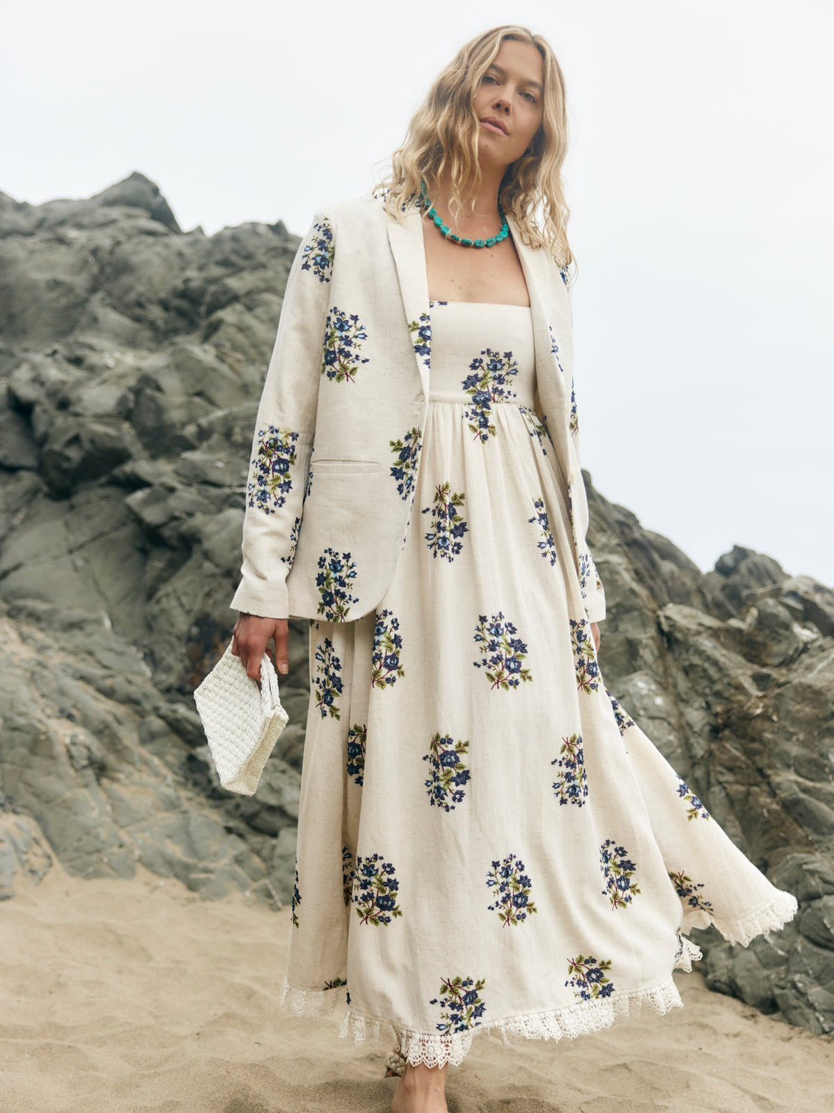 Gavin Midi Dress in Oatmeal Bluesy Beaded Floral