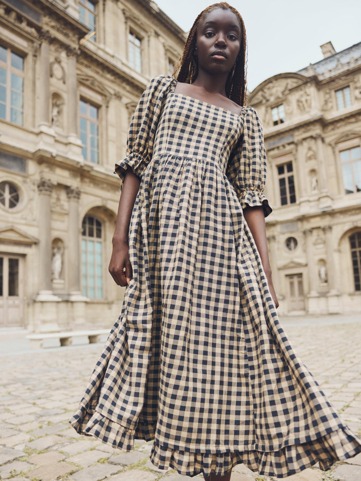 Grace Midi Dress in Black Tan Check