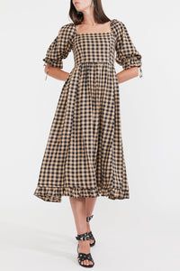 Grace Midi Dress in Black Tan Check