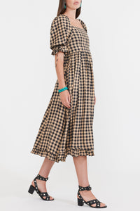 Grace Midi Dress in Black Tan Check