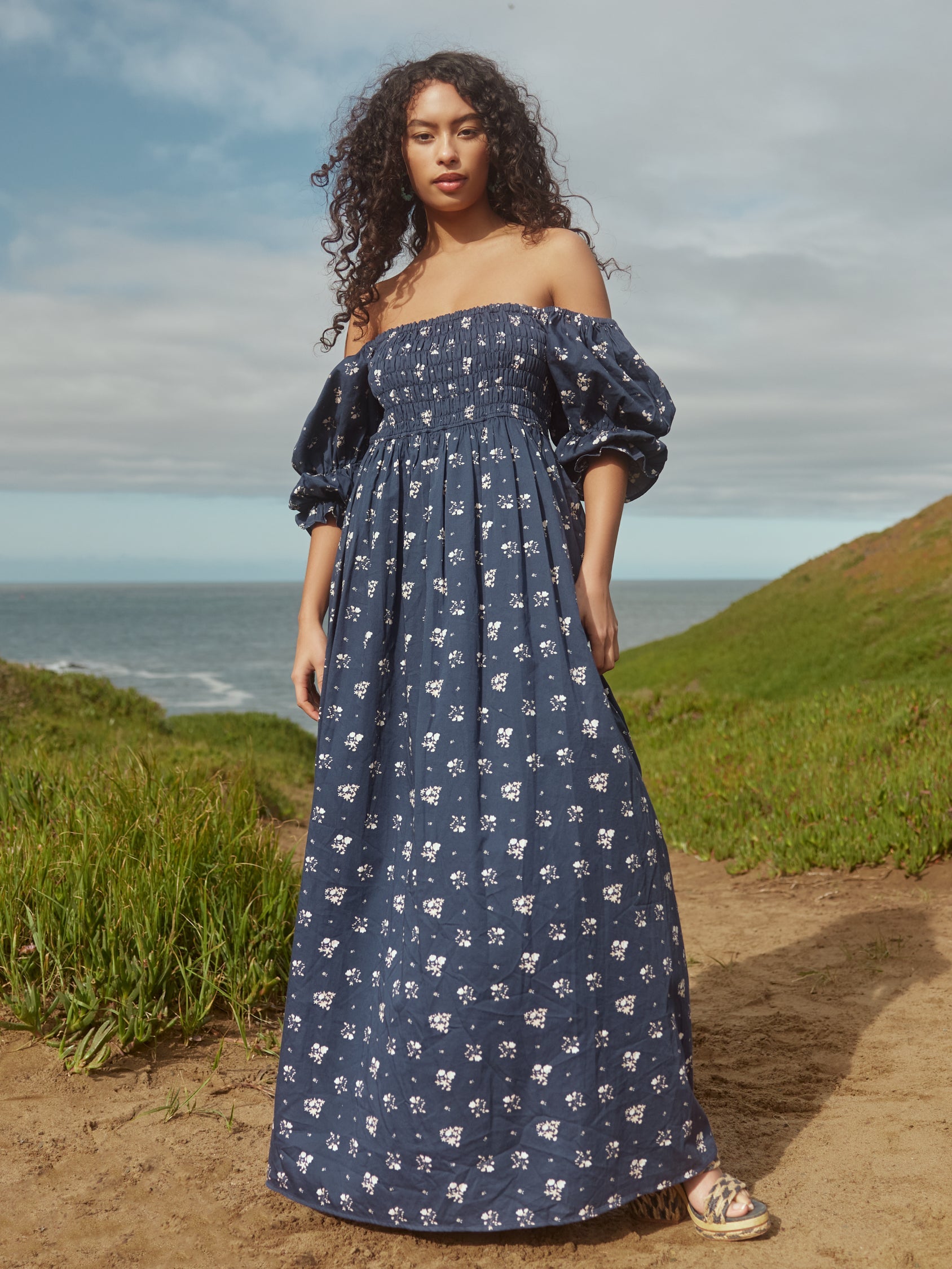 Audra Dress in Dark Galaxy Blue/Alabaster Ditsy Floral