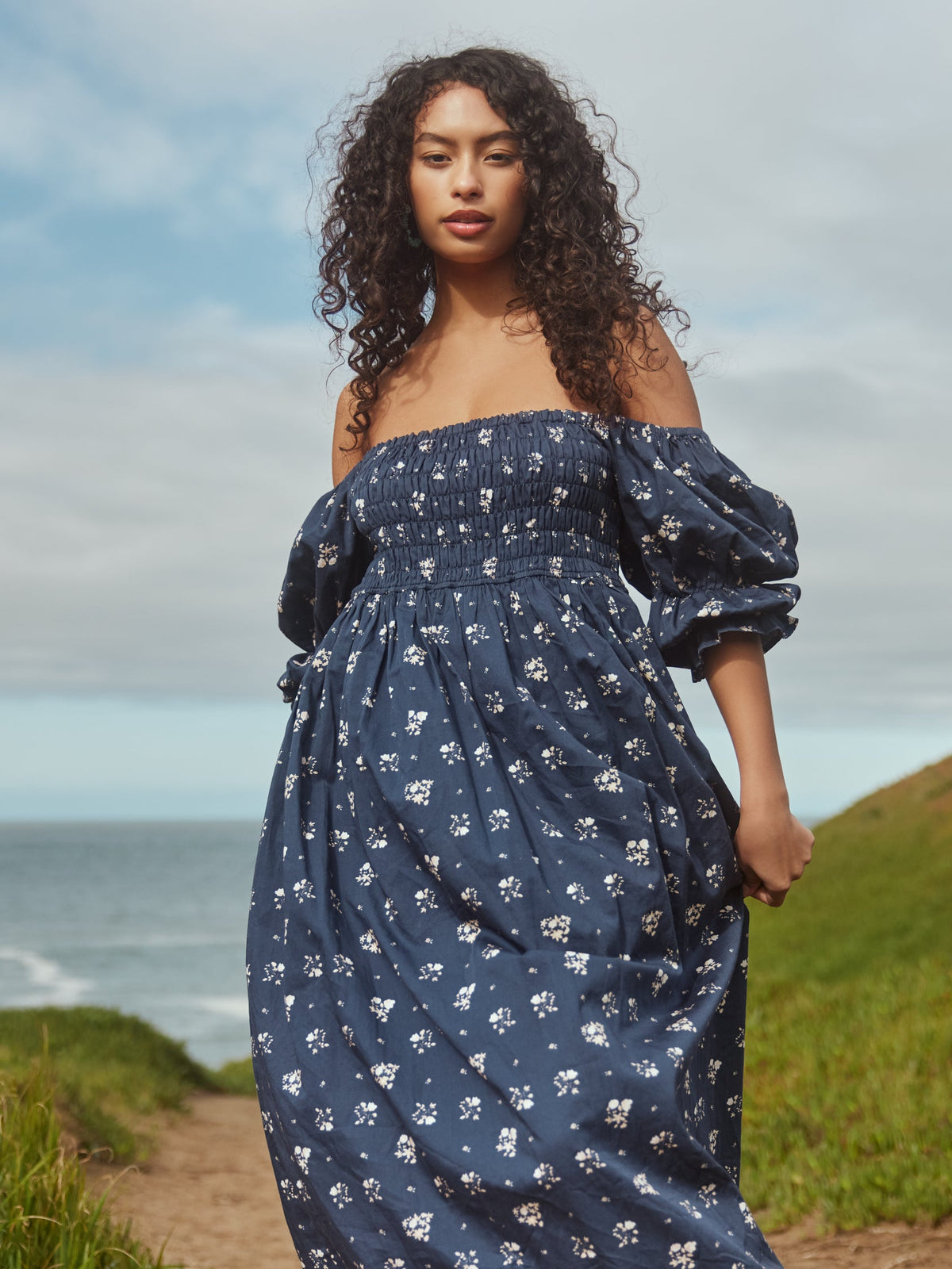 Audra Dress in Dark Galaxy Blue/Alabaster Ditsy Floral