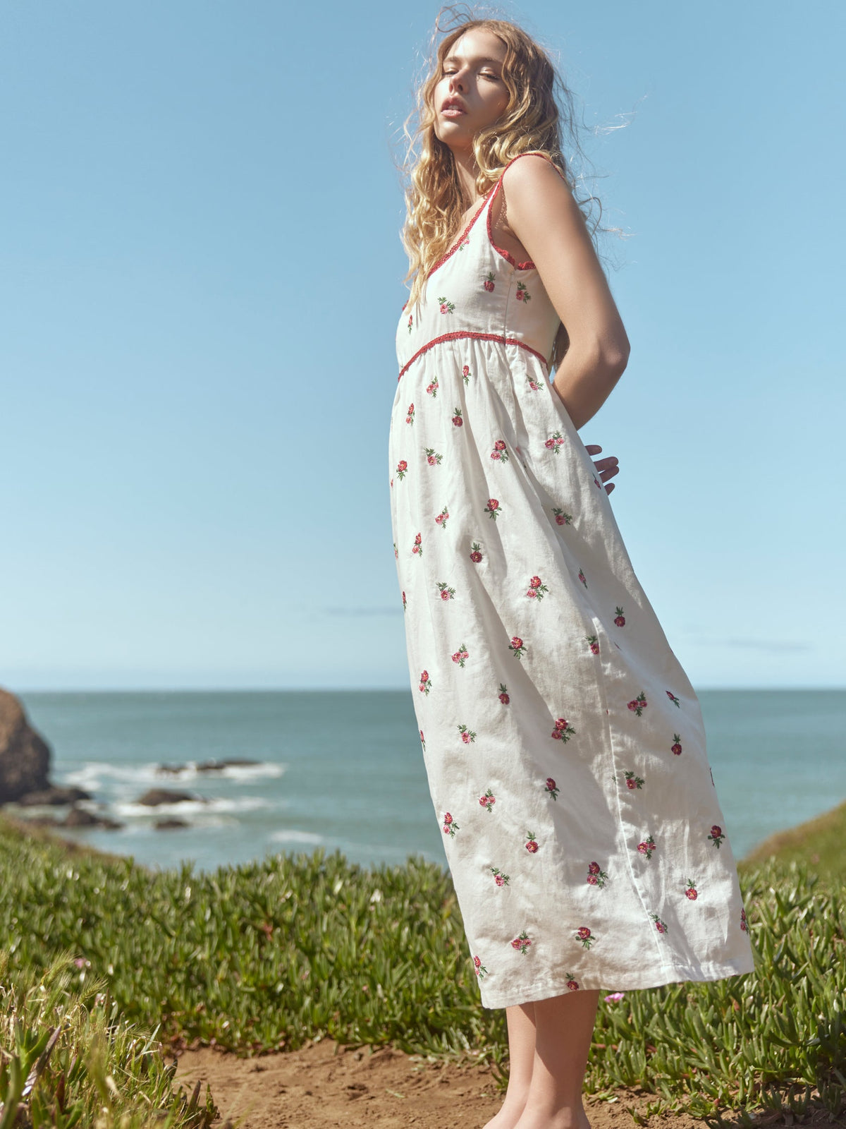 Emily Embroidered Midi Dress in Sugar/Salsa Ditsy Floral Embroidery